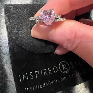 Inspired Silver size 6 pink heart ring set